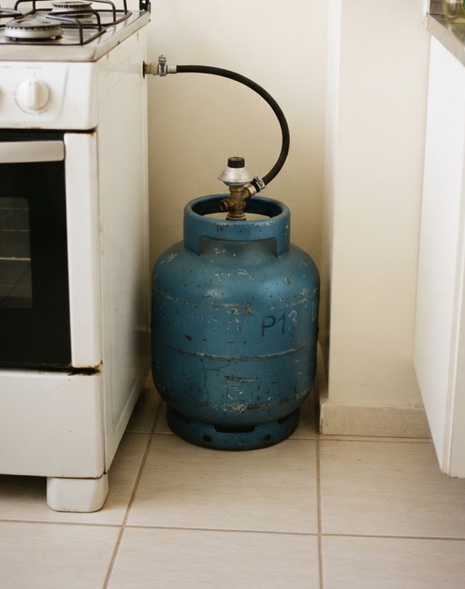Botijão de gás de 13 kg instalado ao lado do fogão, com válvula reguladora e mangueira