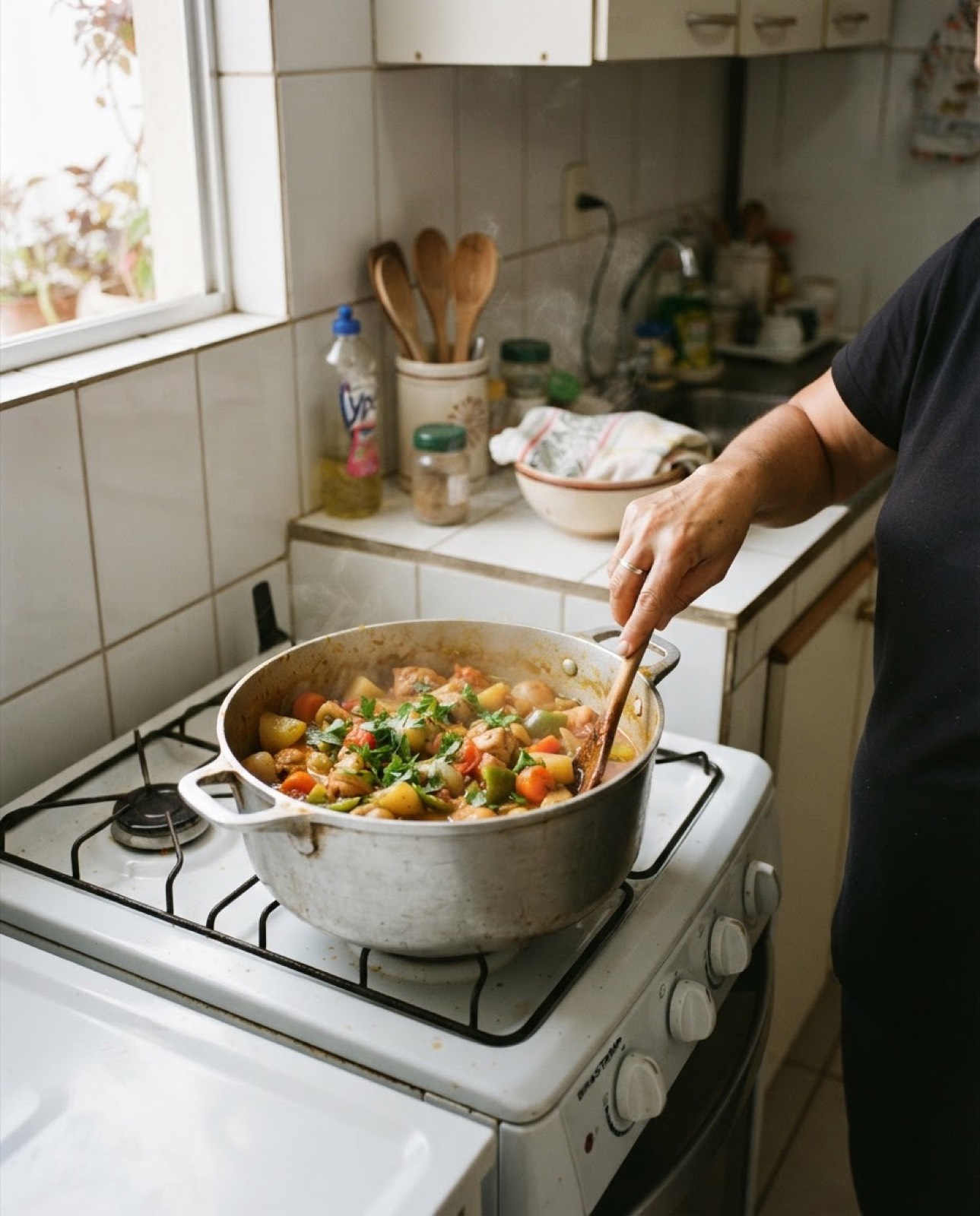 Mão mexendo um ensopado colorido de frango com legumes numa panela sobre o fogão a gás de uma cozinha simples
