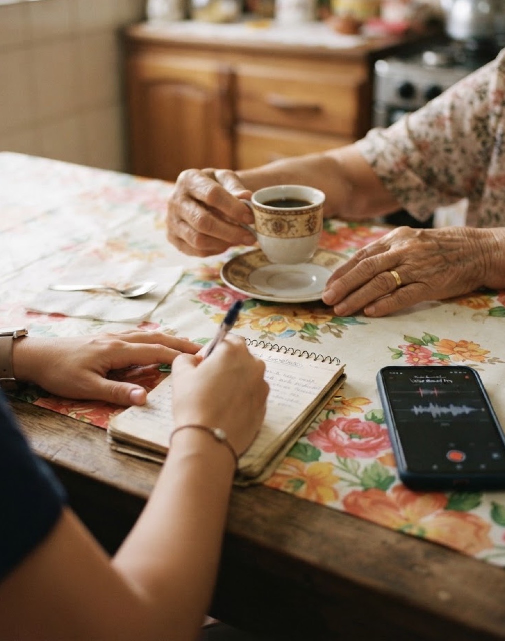Mãos de uma moradora com xícara de café e de uma pesquisadora anotando, com celular gravando sobre a mesa